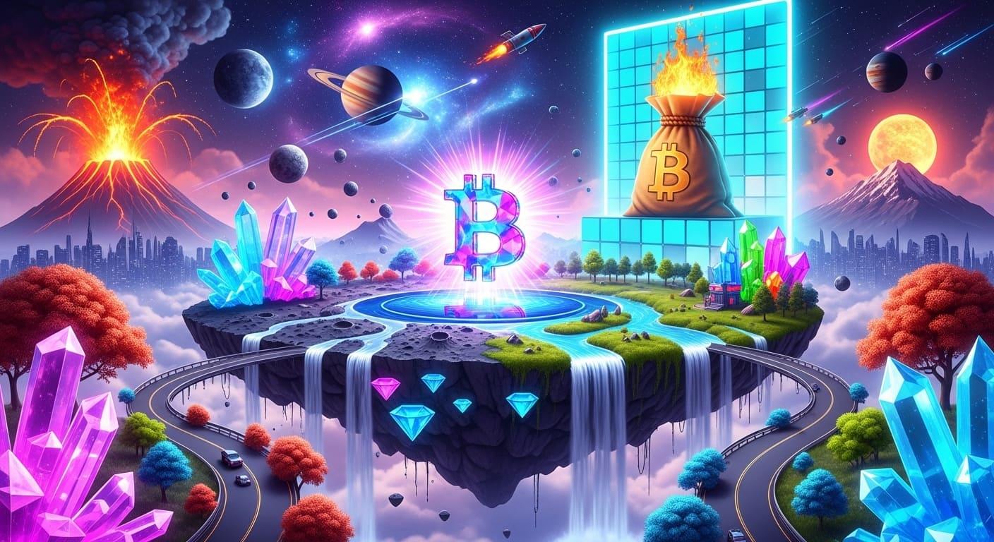A split image of a thriving green landscape (bull market) and a barren desert (bear market).