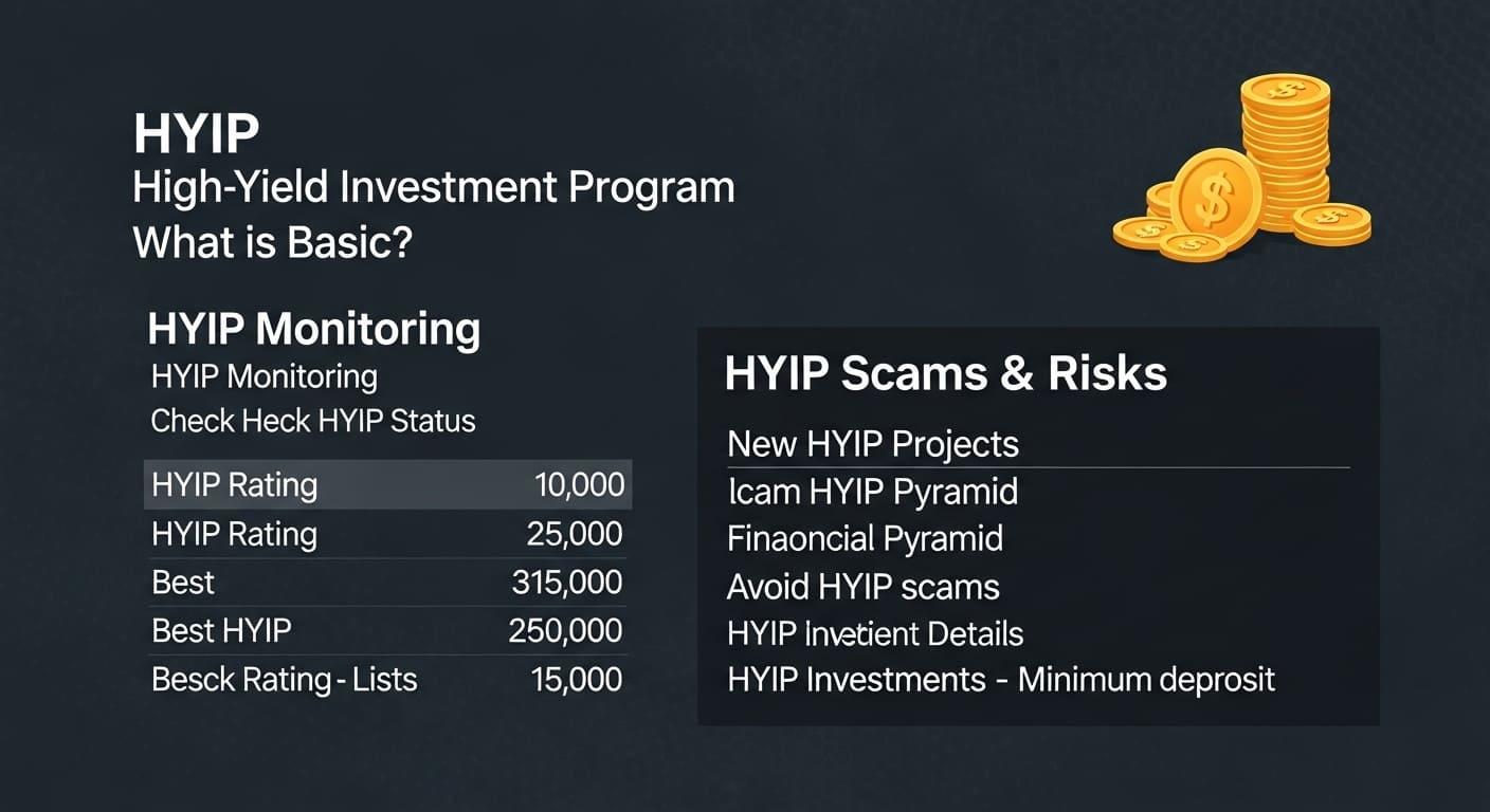 A magnifying glass highlighting red flags on a HYIP website.