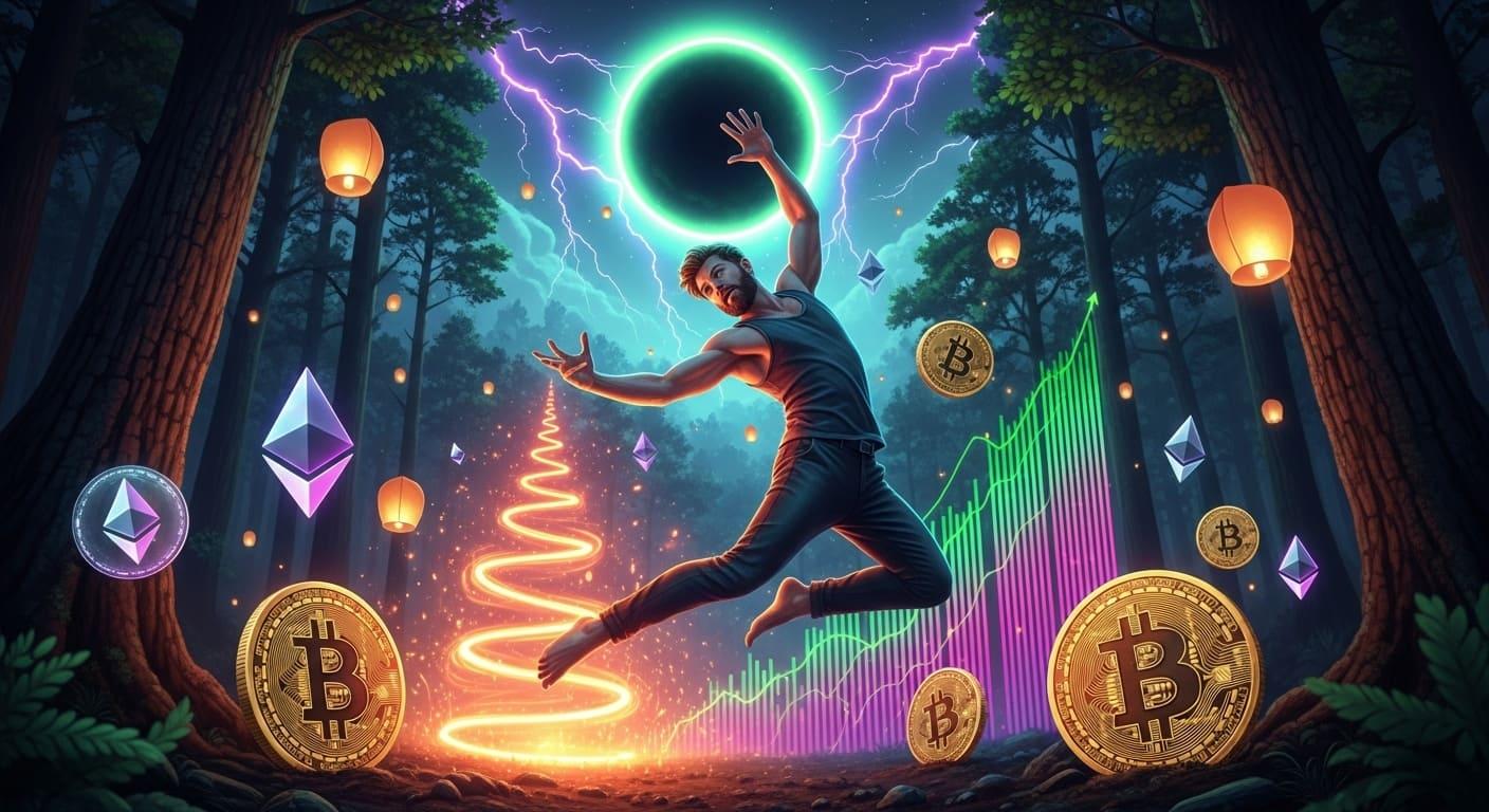A person meditating calmly in front of volatile financial charts.