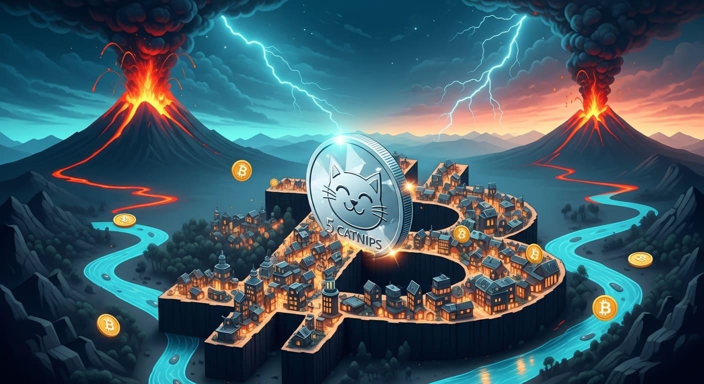 The city is built on a coin with an image of a cat, with volcanoes nearby.