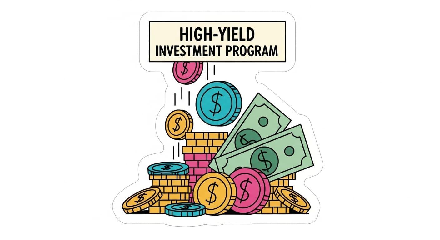 A dial showing HYIP yield from 'Low' to 'Extreme', indicating risk level.