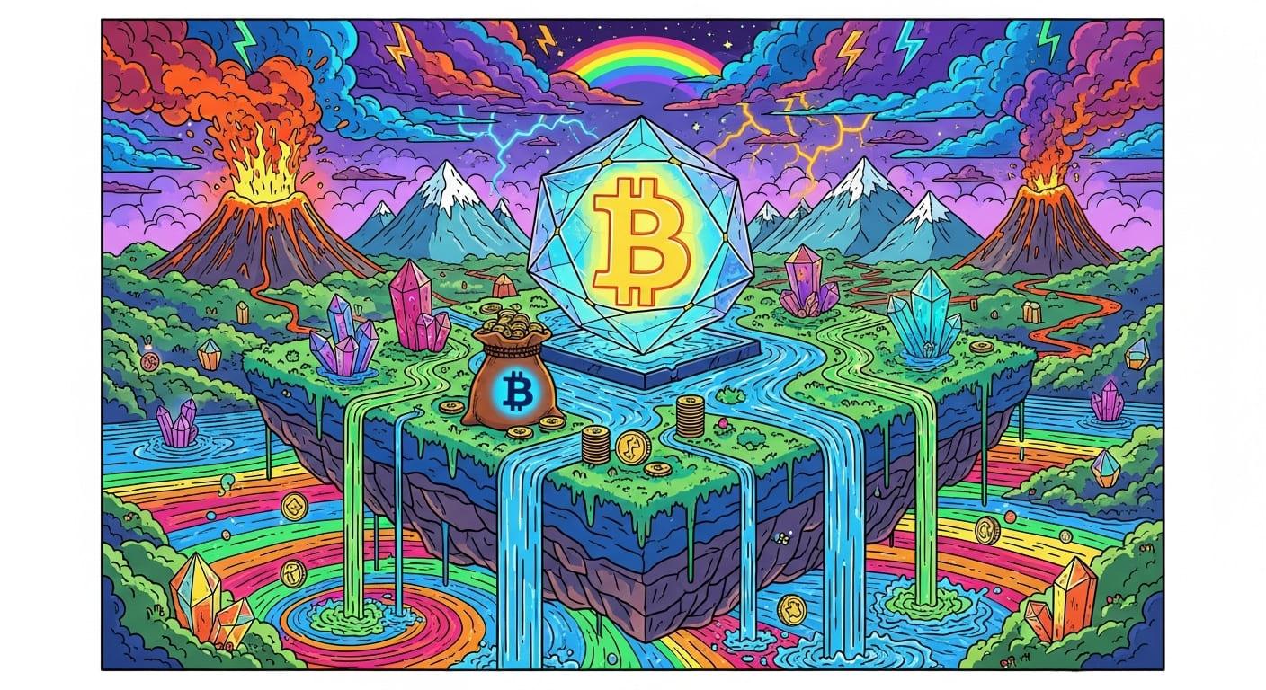 Psychedelic world of Bitcoin: floating island, rainbow and volcanoes