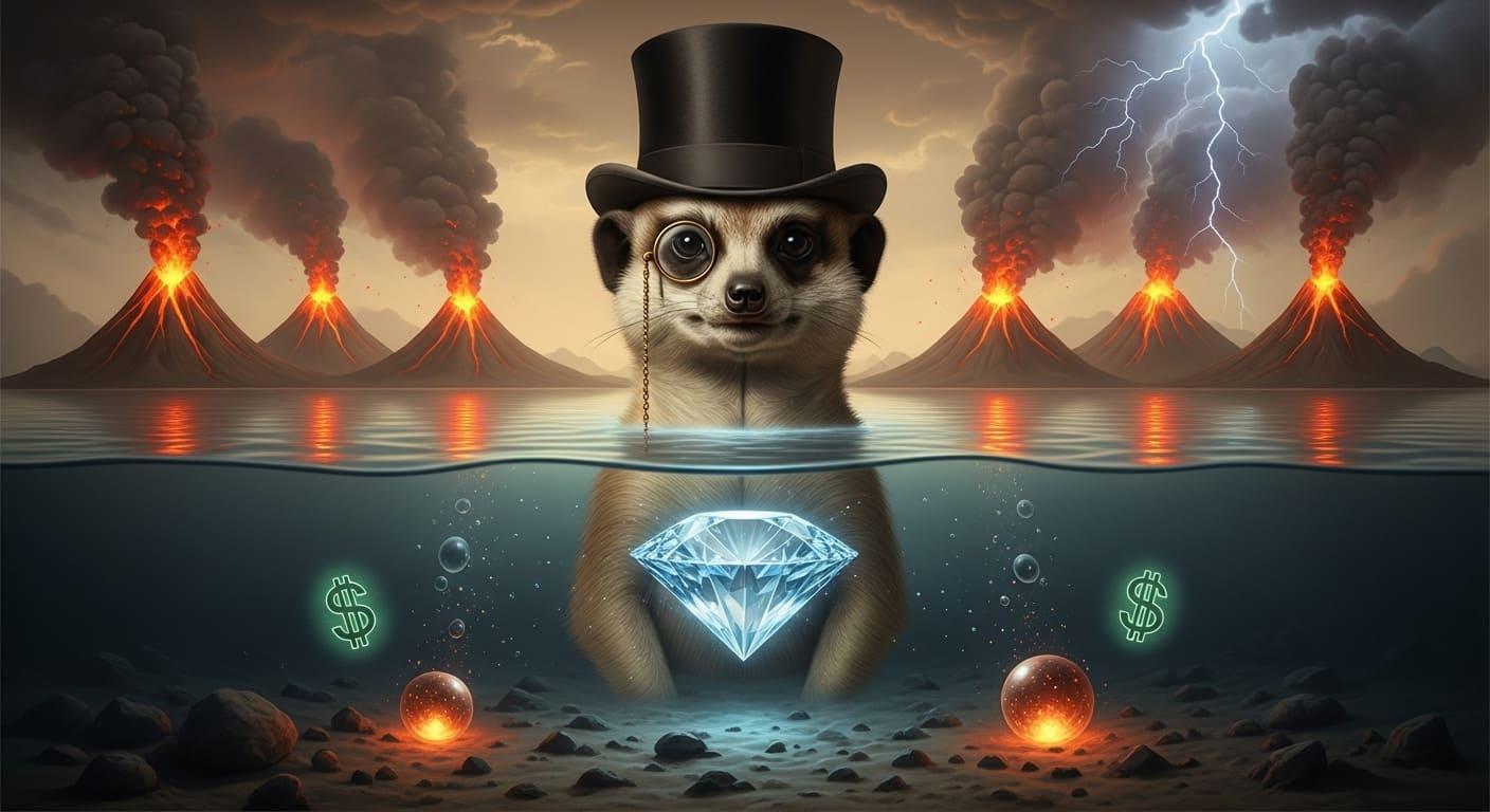Meerkat with top hat and diamond in water with volcanoes. Surreal art.
