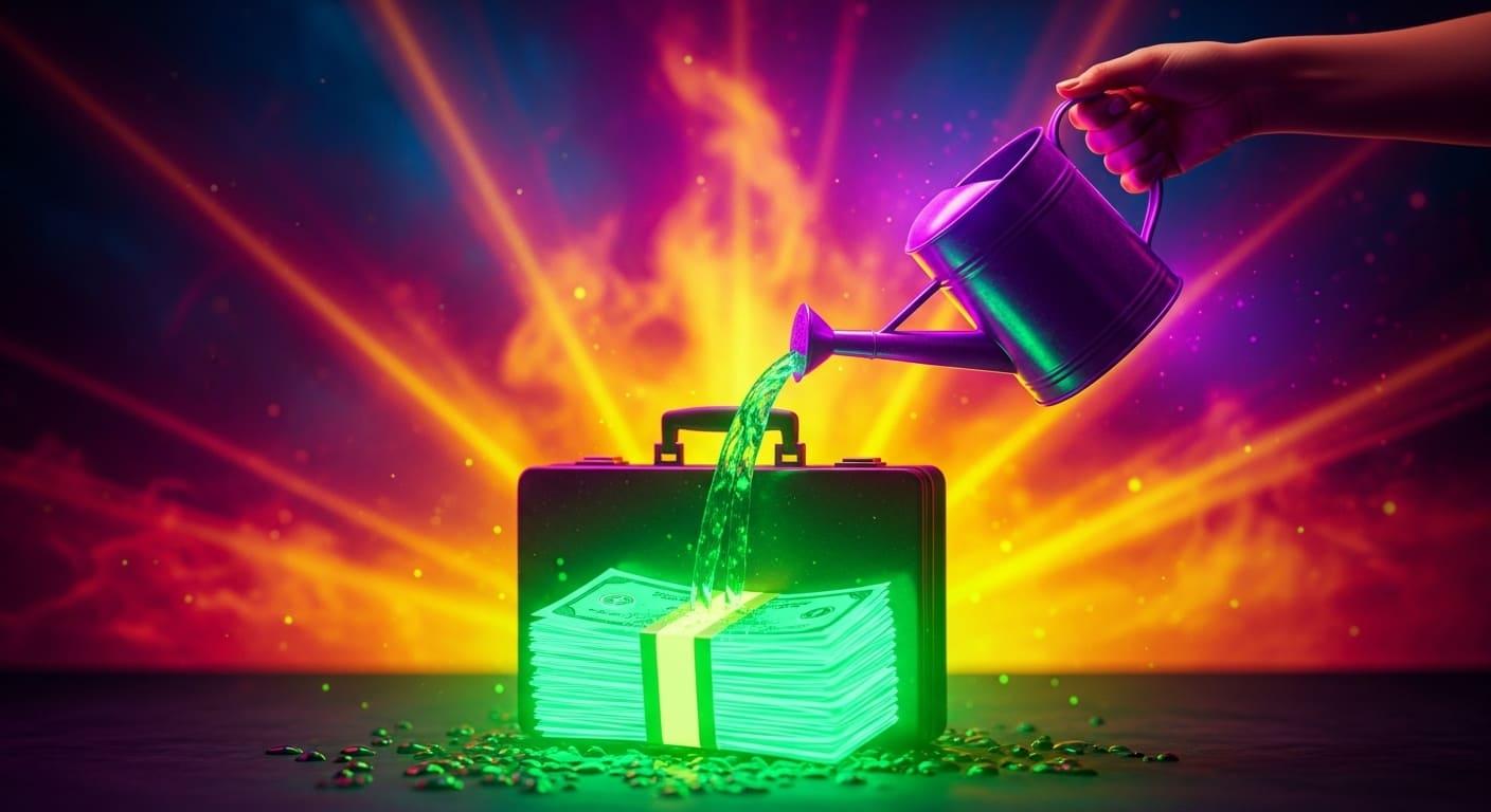 A hand pours water from a watering can onto a suitcase with money