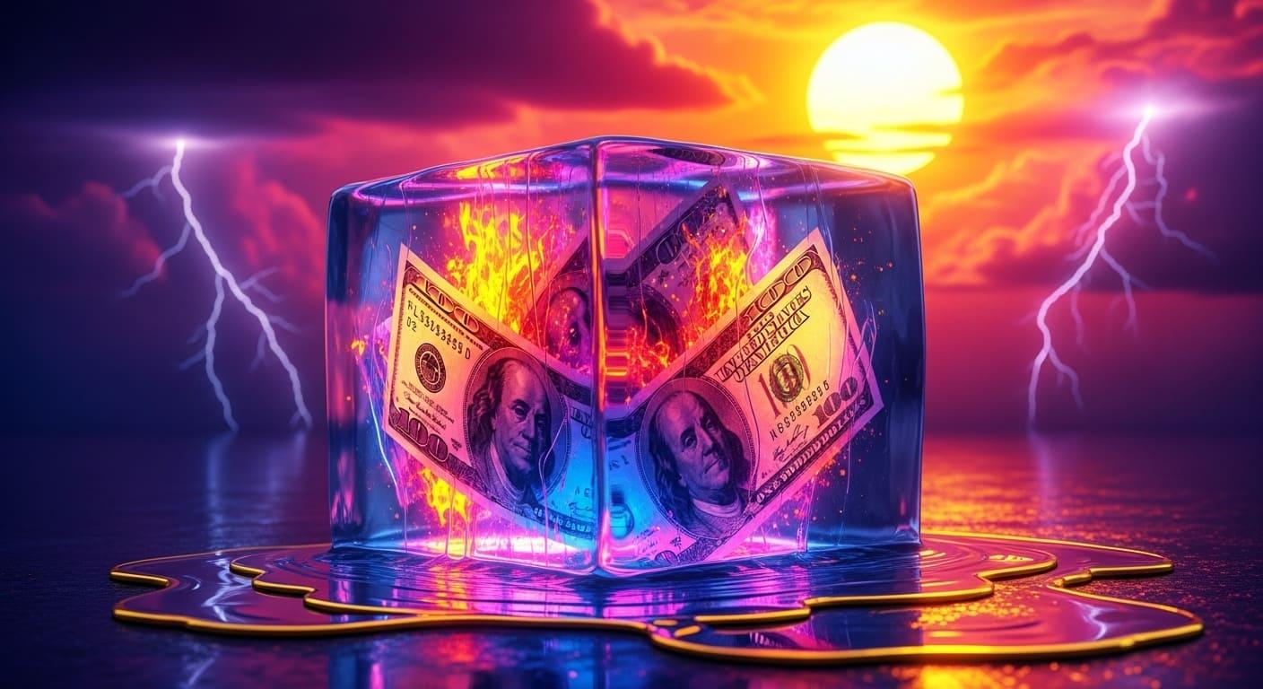 Futuristic Bitcoin scene with crowd and volcano. Crypto finance art.
