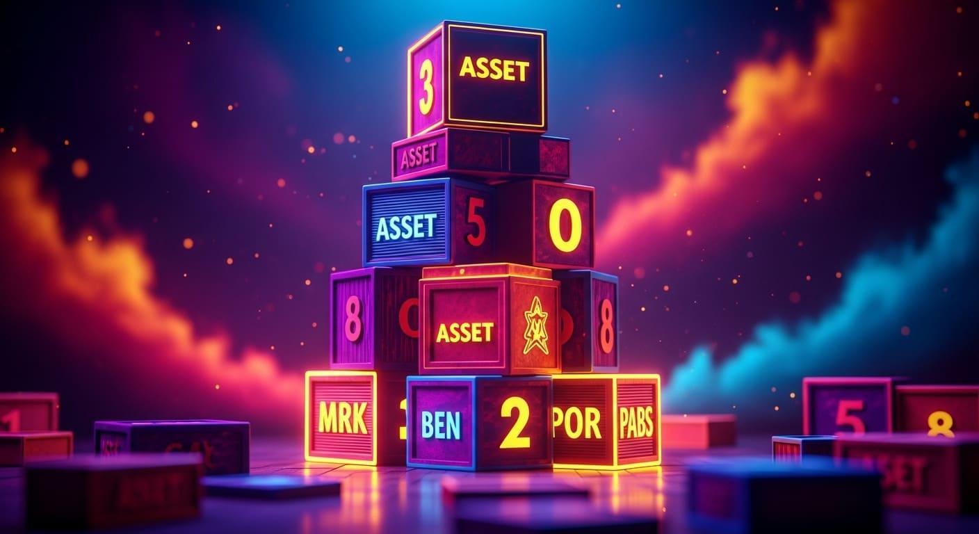 A pyramid of colorful, glowing blocks with "ASSET" text.
