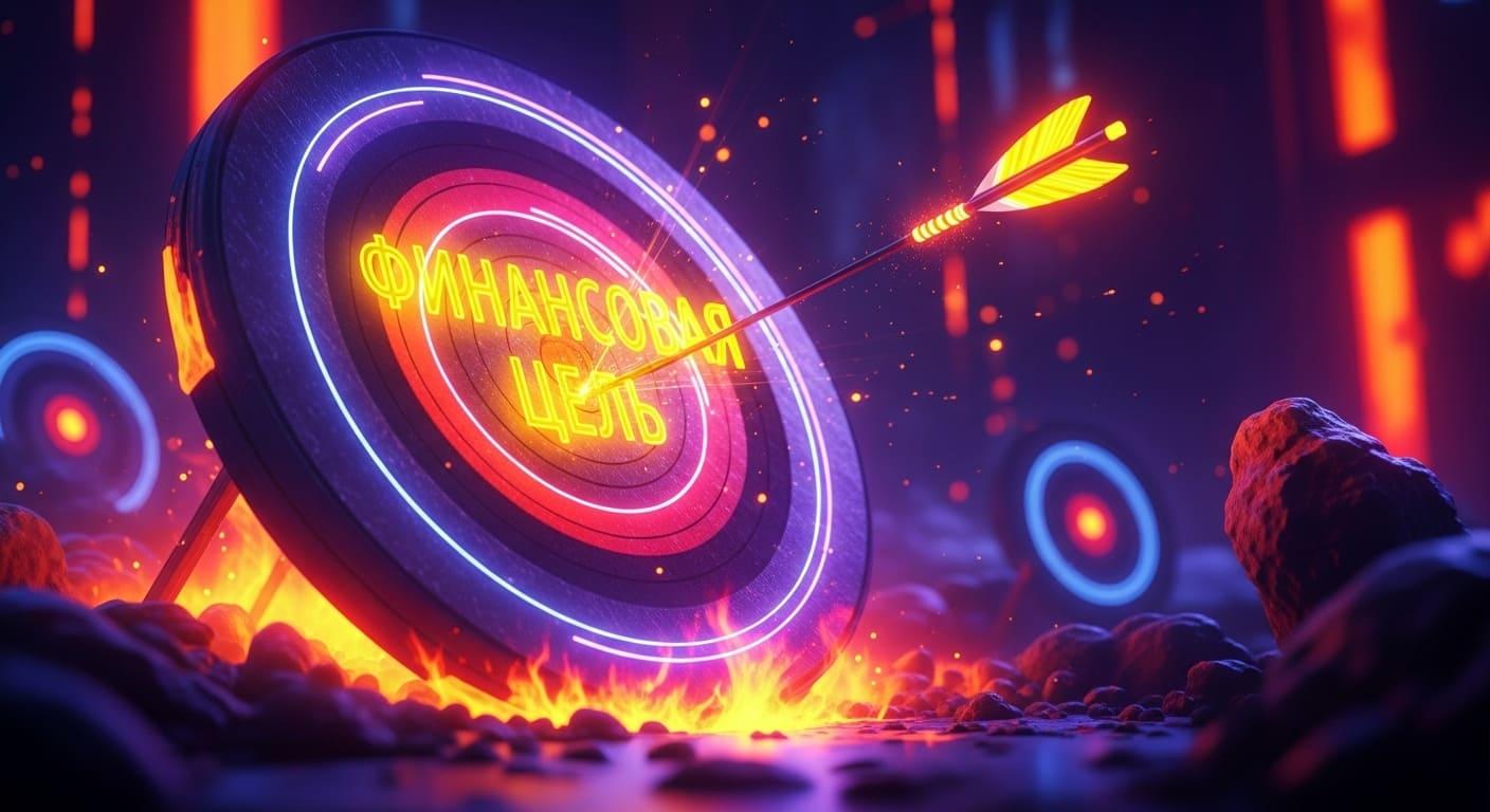  A neon target with an arrow, glowing with "FINANCIAL GOAL" in Russian.