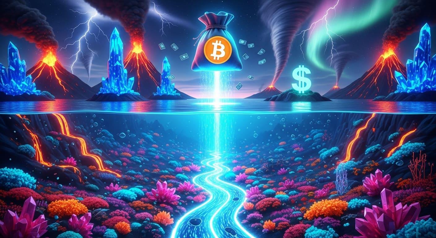 Four icons representing the different eras of HYIPs: E-Gold, Forex, Bitcoin, DeFi.